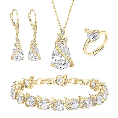 Clearine Teardrop Zirkonia Schmuck-Set für Outfit Halskette, Leverback Ohrringe Tennis Armband und einstellbare Ring Set Geschenk für Geburtstag/Valentinstag/Weihnachten Klar Gold-Ton Clearine Teardrop Zirkonia Schmuck-Set für Outfit Halskette, Leverback Ohrringe Tennis Armband und einstellbare Ring Set Geschenk für Geburtstag/Valentinstag/Weihnachten Klar Gold-Ton von Clearine