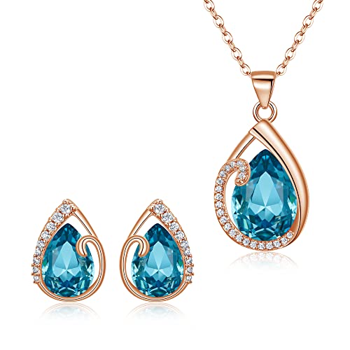 Clearine Träne Halskette und Ohrringe Set Hochzeit Braut Teardrop österreichischen Kristall Cubic Zirconia zierliche Anhänger Schmuck-Set für Damen Hell Blau Rosegold-Ton von Clearine