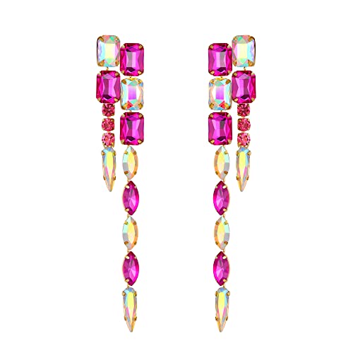 Clearine lange Ohrringe Damen Strass Kristall Marquise Rechteck Smaragd Schnitt Kronleuchter Tropfen Statement Ohrringe für Damen Party Prom Fuchsia-Lila Gold-Ton von Clearine