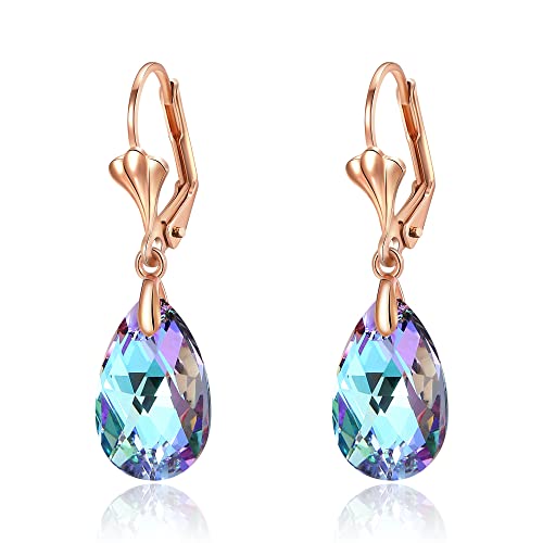 Clearine österreichischen Kristall Ohrringe mit Klettverschluss Teardrop Strass Leverback Dangle Ohrringe für Damen Blau 14K Gold vergoldet für Party Weihnachten von Clearine