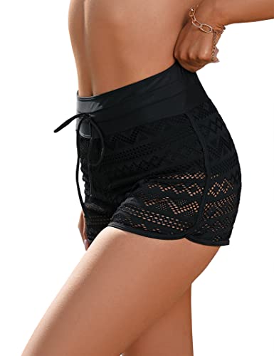 Clearlove Damen Bikinihose Retro Ruched Bauchweg Schwarze Badeshorts Hohe Taille Badehose Strandhose für Frauen（Verpackung MEHRWEG） Schwarz-Spitze,M von Clearlove