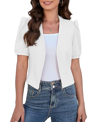 Clearlove Damen Blazer Kurzarm Elegant Blazerjacke Puffhülle Einfarbig Slim Cardigan Casual Open Front Jacken Kurz Outwear, Weiß, XXL von Clearlove