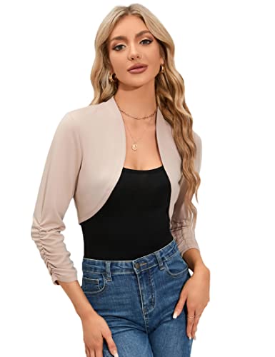 Clearlove Damen Bolero Langarm Strickjacke Festlich Kurze Blazer Bolerojacke（Verpackung MEHRWEG） Beige,S von Clearlove