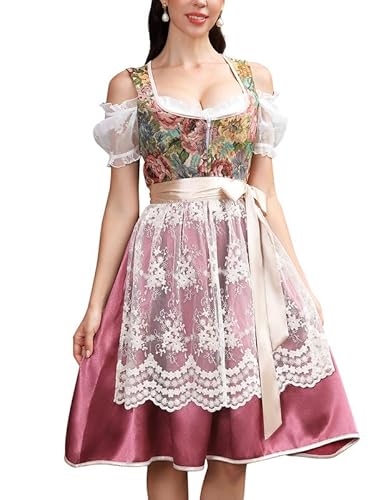 Clearlove Damen Dirndl midi Trachtenkleid 3tlg Damen Knielang Dirndl Kleid für Oktoberfest inkl. Kleid, Bluse, Schürze (Retro Rot, 44) von Clearlove