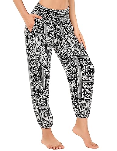 Clearlove Damen Hippie Hose Haremshosen Leicht Gemustert Freizeithose Strand Sommerhose Yogahosen mit Taschen(Schwarz,XL) von Clearlove