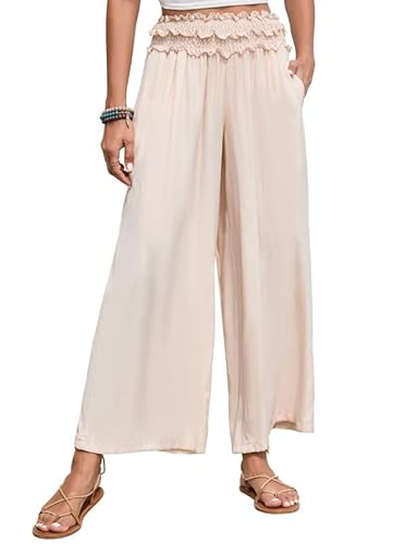 Clearlove Damen Hose mit weitem Bein, High Waist, Karomuster und Pilzsaum - lässige Freizeithose(Aprikose,M) von Clearlove