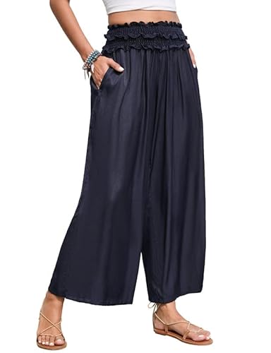 Clearlove Damen Hose mit weitem Bein, High Waist, Karomuster und Pilzsaum - lässige Freizeithose(Navy Blau,S) von Clearlove