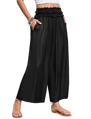 Clearlove Damen Hose mit weitem Bein, High Waist, Karomuster und Pilzsaum - lässige Freizeithose(Schwarz,S) von Clearlove