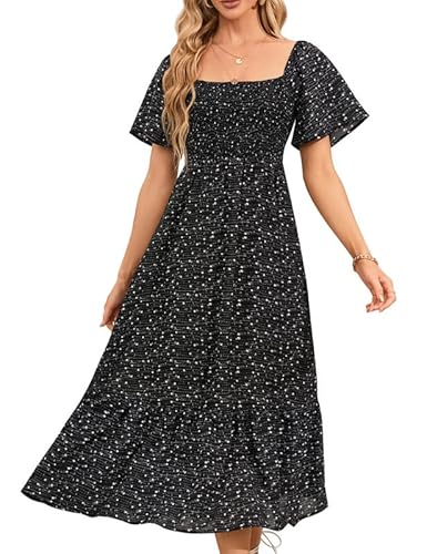 Clearlove Damen Maxikleid Viereckiger Hals Kurzarm Smocked Kleid Casual Sommerkleider High Taille Fit Rüschen Freizeitkleider Print Elegant Tunikakleider, Schwarz, L von Clearlove