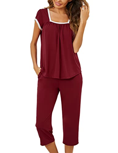 Clearlove Damen Schlafanzug Capri Sommer Kurz Pyjama Set mit 3/4 Hose Lang Spitze Sleepshirt Zweiteiliger Loungewear (Weinrot, S) von Clearlove