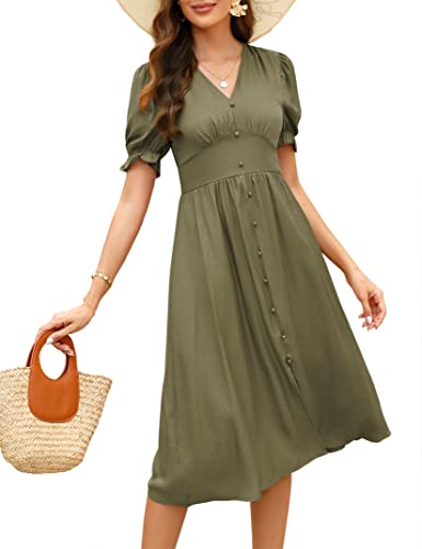 Clearlove Damen Strandkleid Elegant Tunika Kleid Freizeitkleid Retro Casual Maxi Kleid Flowy Lange Midikleider V-Ausschnitt Kurzarm Kleid (Army Green, M) von Clearlove