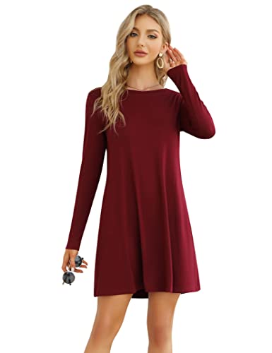 Clearlove Damen T-Shirt Kleid Casual Tunika Swing Kleid A-Linie Langarm Rundhals Freizeitkleid (Verpackung MEHRWEG), C-Weinrot, L von Clearlove