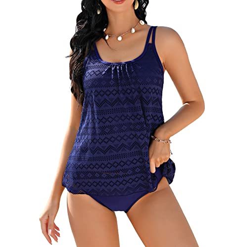 Clearlove Damen Tankini Set Push up Damen Sportlich Tankini Badeanzug Bauchweg Damen Zweiteiler Bademode Set Sport Badeanzüge,Dunkelblau-spitzeS von Clearlove