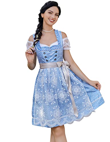 Clearlove Dirndl Damen midi 3tlg.Trachtenkleid für Oktoberfest,Karneval,DREI Teilig: Kleid, Bluse, Schürze（Verpackung MEHRWEG）,Blau-Spitze,36 von Clearlove