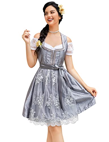 Clearlove Dirndl Damen midi 3tlg.Trachtenkleid für Oktoberfest,Karneval,DREI Teilig: Kleid, Bluse, Schürze（Verpackung MEHRWEG）,Grau-spitze,38 von Clearlove