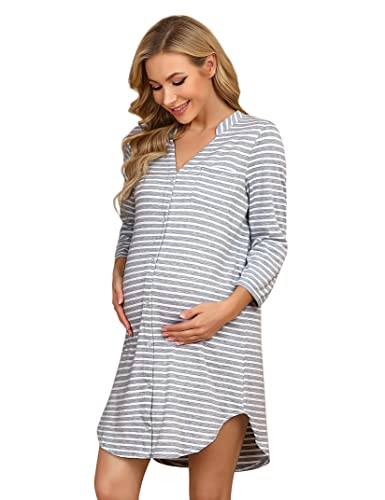 Clearlove Nachthemd Damen Geburt Stillnachthemd 3/4 Ärmel Nachtwäsche Umstandskleidung V-Ausschnitt Sleepwear Gestreift Schlafshirt mit Stillfunktion (Verpackung MEHRWEG), E-Streifen-Hellgrau, XL von Clearlove