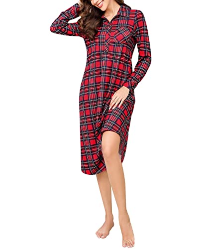 Clearlove Nachthemd Damen Langarm Warm Nachtwäsche Umlegekragen Karierte Schlafshirt Sleepshirt mit Knopfleiste Lange Nachtkleid Rotes M von Clearlove