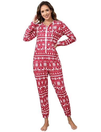 Clearlove Pyjama One Piece Jumpsuit Hoodie Damen Weihnachten Freizeitanzug Ganzkörperanzug Einteiler Schlafanzug Pyjama Trainingsanzug Taschen Hausanzug mit Kapuze und Reißverschluss (Rot, XL) von Clearlove