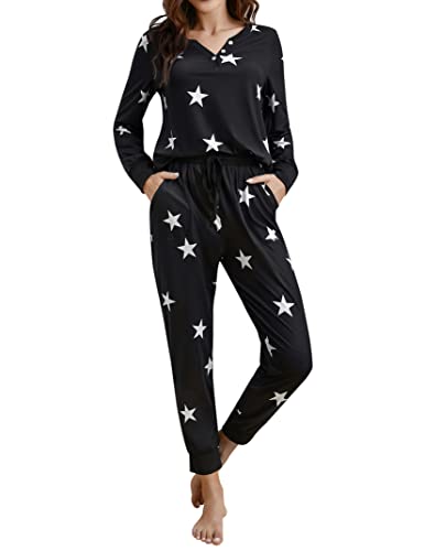 Clearlove Schlafanzug Damen Lang Zweiteiliger Nachtwäsche Langarm Pyjama Set Frauen Hausanzug Loungewear mit Taschen Schwarz M von Clearlove