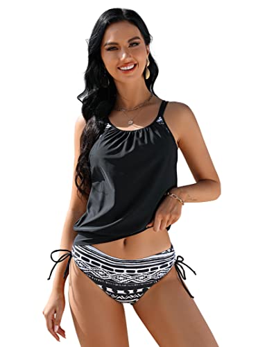 Clearlove Tankini Damen bauchweg Bademode Set zweiteilig Push up mit Einstellbarer Bikinislip Tankini Top Soft Cups S-XXXL,SchwarzL von Clearlove