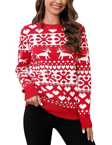 Clearlove Weihnachten Pullover Damen Weihnachtspullover Christmas Reindeer Strickpullover Christmas Schneeflocke Sweater Rot XXL von Clearlove