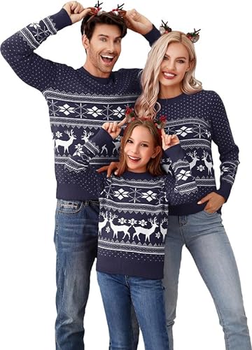 Clearlove Weihnachtspullover Familie Set Ugly Weihnachts Pullover Rentier Winter Chirstmas Sweater Langarm Rundhals Strickpullover Für Pärchen Kinder (Herren-Navy Blau, L) von Clearlove