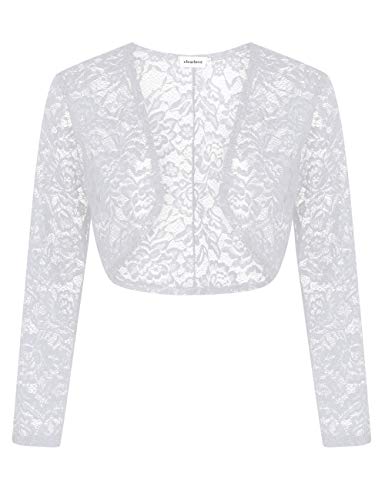 Damen Bolero Spitzen Jacke Festlich Kurz Cardigan Langarm Strickjacke Für Hochzeit Cocktailkleid, Weiß-spitze, L von Clearlove