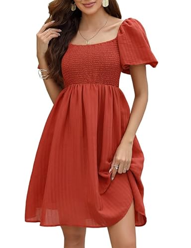 Damen Casual Babydoll Mini Kleid Kurzes Puffärmel Quadratischer Ausschnitt Sommer Solides Kleid(Orange,L) von Clearlove