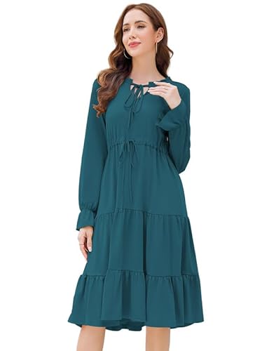 Clearlove Langes Kleid Rundhalsausschnitt Strandkleid Retro Lang Freizeitkleid Elegant Tunika Kleid Casual A-Linie Kleid Langarm Flare Ärmel Maxi Kleid für Damen (Schwarzgrün, S) von Clearlove