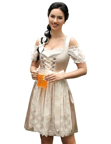 Trachtenkleid Dirndl Kurz Damen Midi für Oktoberfest 3tlg.- DREI Teilig: Kleid, Bluse, Schürze Champagner40 von Clearlove