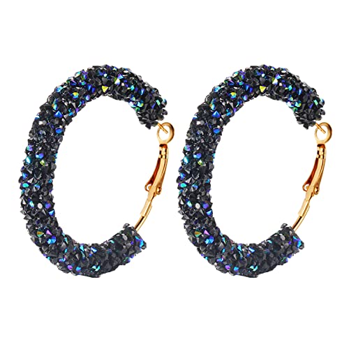 Clicitina Persönlichkeit Mode Übertrieben Retro Glänzend Punk Schwarz Große Creolen Damen Ohrringe Weiß Kristall Schmuck Ohrringe Quasten Ohrringe Schwarz (Blue-B, One Size) von Clicitina