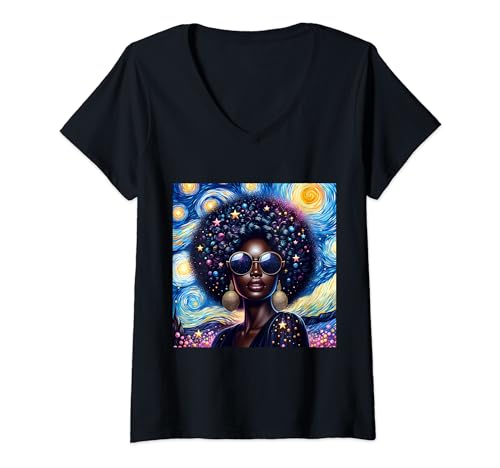 Damen Afrofuturismus Schwarze Königin Bunte Sternennacht Juneteenth T-Shirt mit V-Ausschnitt von Click Our Brand to See More of Juneteenth Shirts !