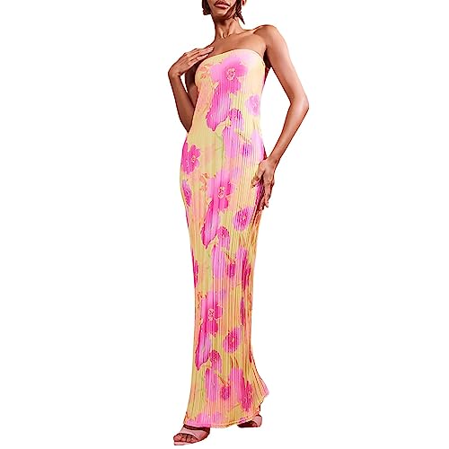 Women Casual Dresses Strapless Pleated Maxi Dress Slim Dress Night Party Set Tube Top Floral Print Dress Gown for Going Out Daliy von Clode