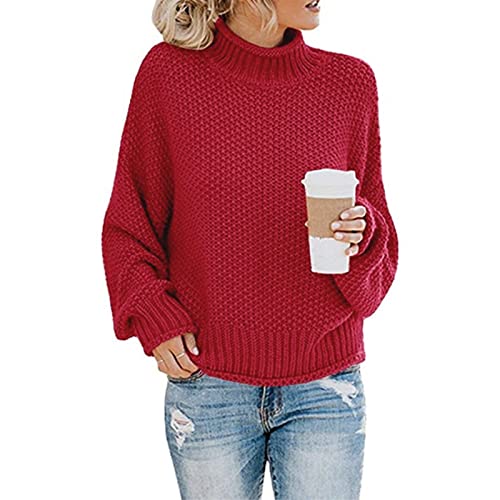 Cloudsemi Grobstrickpullover Damen Strickpullover,Winter Elegant Rollkragenpullover Strickpullover (Weinrot, 5XL) von Cloudsemi