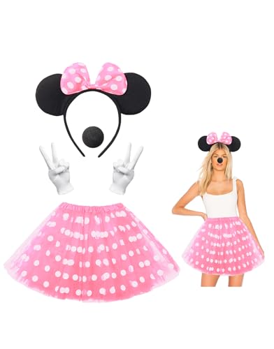 Clundoo Damen Maus Mouse Kostüm Tutu mit weiß Gepunktet + Haarreifen mit Maus Ohren + Handschuhe + Nase für Fasching Karneval Motto Cosplay Party, Rosa von Clundoo