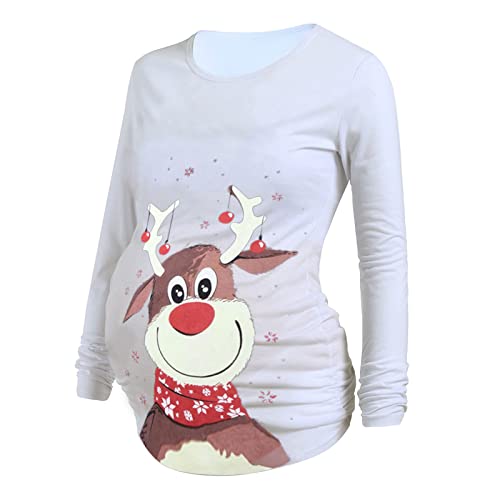 Cocila Damen Christmas Maternity Long Sleeve Drucken Cartoon Printed T-Shirt Tops Pregnancy Blouse Geraffte Umstandsshirt Umstandstop Umstandsmode Schwangerschaft Weihnachten(Weiß,L) von Cocila