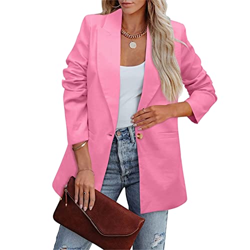 Cocoarm Damen Anzugjacke Revers Langarm Blazer Jacke Weicher Polyester Damen Blazer Reine Farbe Lose Lässiger Blazer für Business Arbeit Im Freien(S-Rosa) von Cocoarm