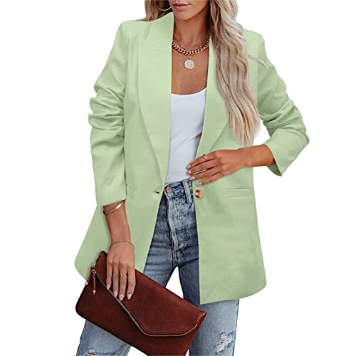 Cocoarm Damen Anzugjacke Revers Langarm Blazer Jacke Weicher Polyester Damen Blazer Reine Farbe Lose Lässiger Blazer für Business Arbeit Im Freien(XL-Hellgrün) von Cocoarm