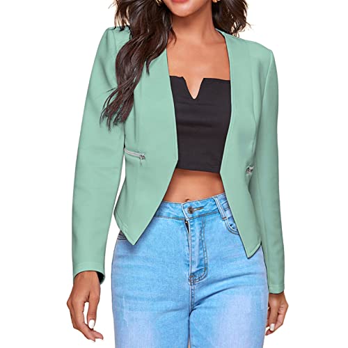 Cocoarm Damen Elegant Langarm Blazer Slim Fit Anzugjacke Kurz Frauen Sakko Lässig Reine Farbe Jacke mit Taschen(XL-Erbsengrün) von Cocoarm