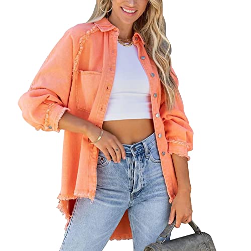 Cocoarm Damen Jeansjacke Locker Denim Jacke Langarm Oversize Übergangsjacke mit Fledermausärmel Lose Mädchen Mantel Beiläufige Outwear(m-Orange) von Cocoarm