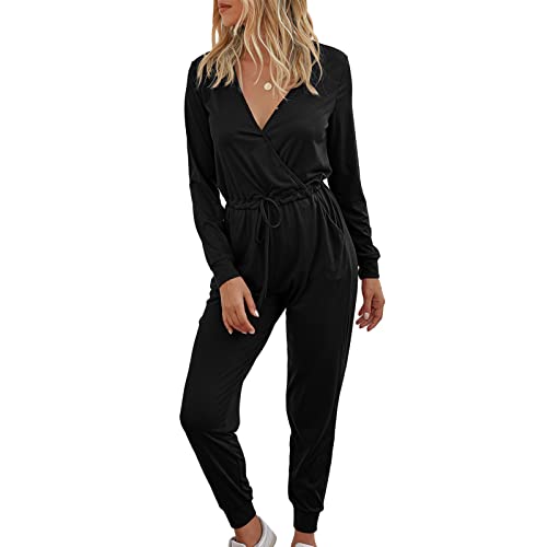 Cocoarm Damen Jumpsuit lang Einteiler Overall V-Ausschnitt Langarm Playsuit Elegant Casual Overalls Einfarbig Romper Hosenanzug Romper(XL-Schwarz) von Cocoarm