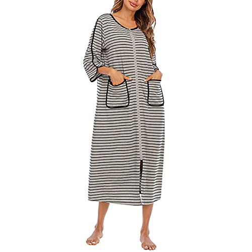 Cocoarm Damen Lang Morgenmantel Gestreiftes Langes Nachthemd mit 3/4 Ärmel Reißverschluss Rundhals Nachtwäsche mit Tasche Weiche Gemütliche Robe Loungewear Hausmantel(XL-Grau) von Cocoarm