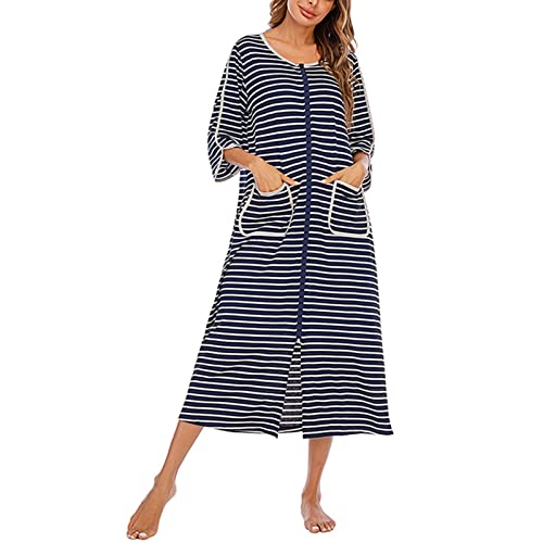 Cocoarm Damen Lang Morgenmantel Gestreiftes Langes Nachthemd mit 3/4 Ärmel Reißverschluss Rundhals Nachtwäsche mit Tasche Weiche Gemütliche Robe Loungewear Hausmantel(XL-Navy blau) von Cocoarm