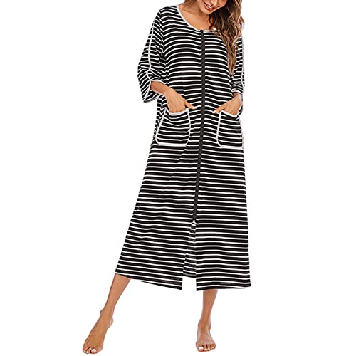 Cocoarm Damen Lang Morgenmantel Gestreiftes Langes Nachthemd mit 3/4 Ärmel Reißverschluss Rundhals Nachtwäsche mit Tasche Weiche Gemütliche Robe Loungewear Hausmantel(XXL-Schwarz) von Cocoarm