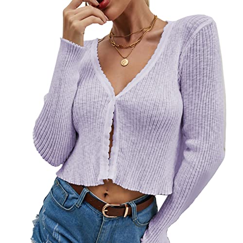 Cocoarm Damen Langarm Strickjacke V Ausschnitt Kurz Cardigan Damenoberteil für Frühling, Sommer und Herbst(XL-Violett) von Cocoarm