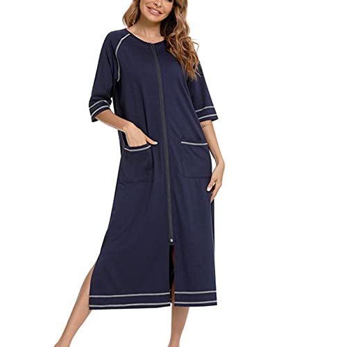 Cocoarm Damen Nachthemd Casual Langes Morgenmantel Halbarm Nachthemden mit Reißverschluss Nachtwäsche mit Taschen Loungewear (S-Navy blau) von Cocoarm