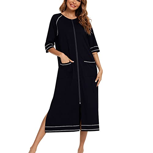 Cocoarm Damen Nachthemd Casual Langes Morgenmantel Halbarm Nachthemden mit Reißverschluss Nachtwäsche mit Taschen Loungewear (S-Schwarz) von Cocoarm