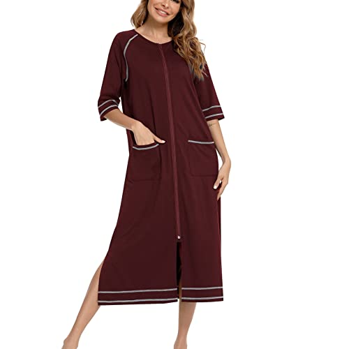 Cocoarm Damen Nachthemd Casual Langes Morgenmantel Halbarm Nachthemden mit Reißverschluss Nachtwäsche mit Taschen Loungewear (XXL-Weinrot) von Cocoarm