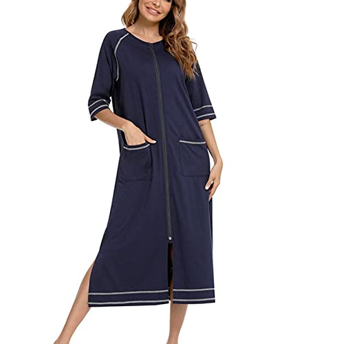 Cocoarm Damen Nachthemd Casual Langes Morgenmantel Halbarm Nachthemden mit Reißverschluss Nachtwäsche mit Taschen Loungewear (m-Navy blau) von Cocoarm