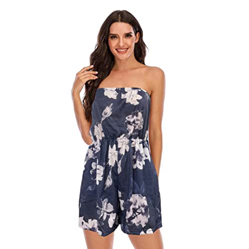 Cocoarm Damen Overall Sexy Bandeau Jumpsuit Ärmellose Strampler Hohe Taille Schulterfrei kurzer Sommer-Einteiler Trägerlos Weites Bein Playsuit mit Tasche Strand Beachwear Lässig Romper(m-Dunkelblau) von Cocoarm